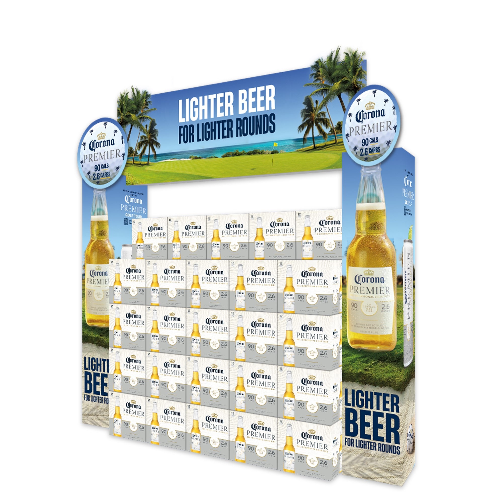 Corona Premier retail display featuring headline “Lighter Beer for Lighter Rounds” and golf imagery