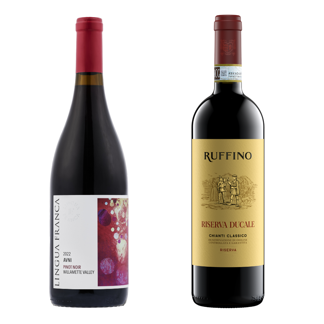lingua franca avni pinot noir bottle and ruffino bottle riserva ducale