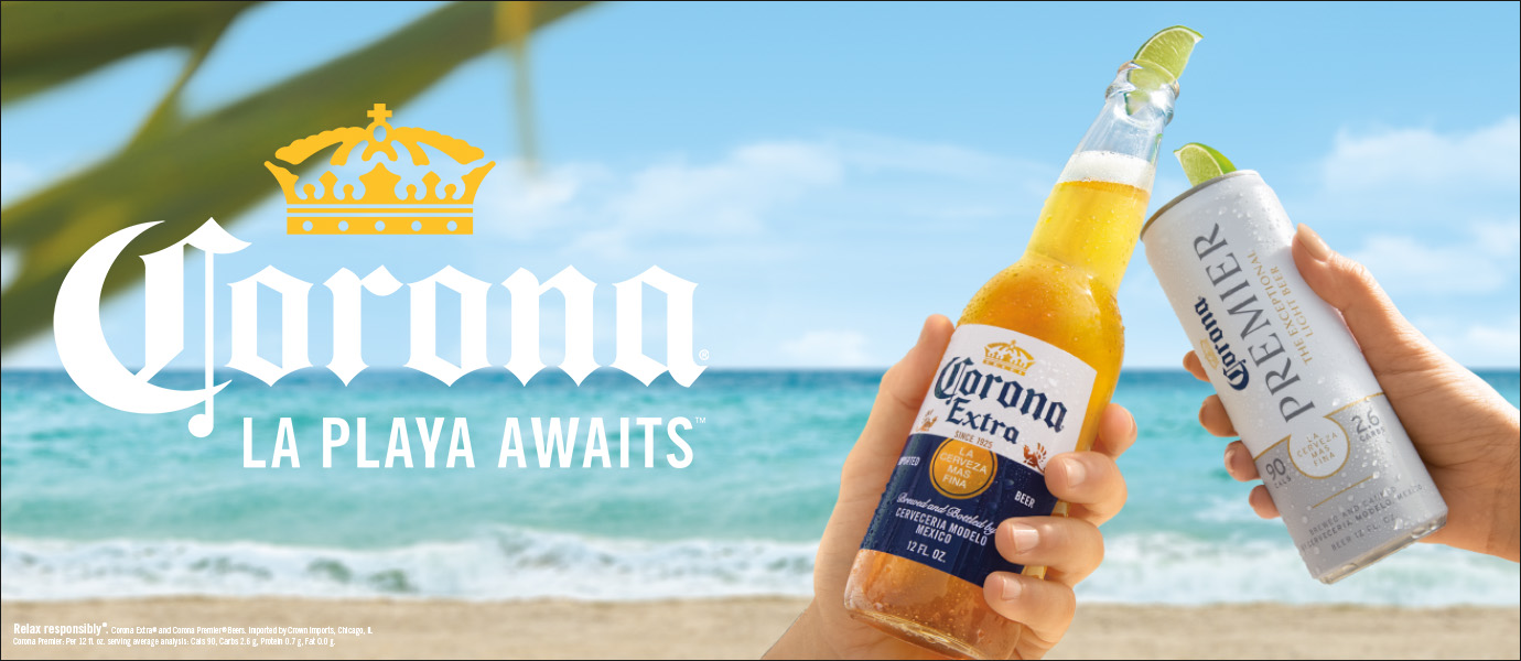 Corona ad featuring La Playa Awaits headline with Corona Extra and Corona Premier beer